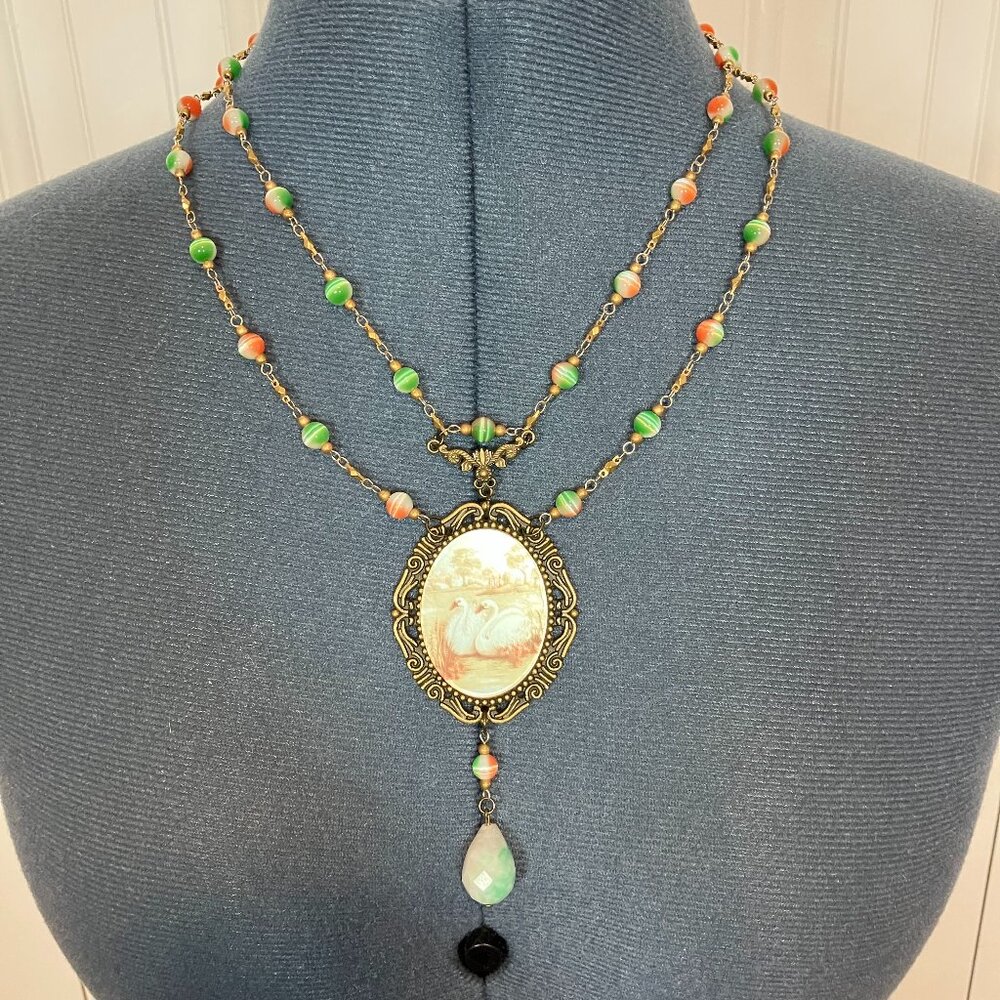 Handcrafted Vintage Swimming Swans Cabochon Necklace - 19" Long (Upper Necklace)